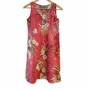 J. Jill Linen Coral Pink Hawaiian Tropical Print Sleeveless Sundress Pockets XS